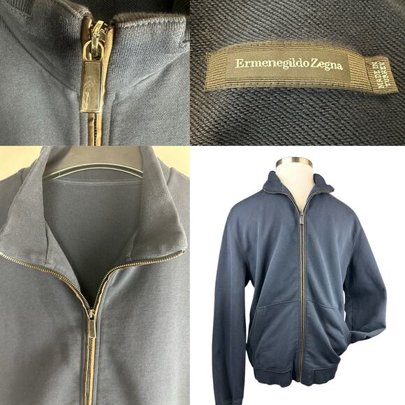 Ermenegildo Zegna Full Zip Up Suede Trim Sweatshirt Navy Sweater Jacket Men's XL - Picture 16 of 16